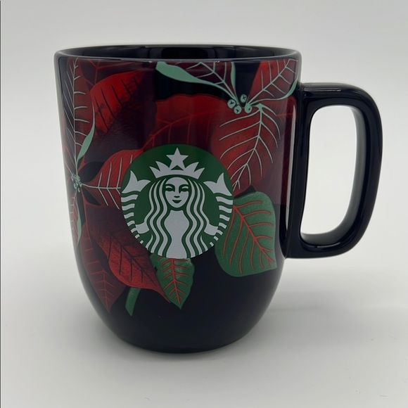 Starbucks Navy Poinsettia Ceramic 12oz Siren Logo Coffee Tea Holiday Mug Cup - Picture 1 of 9